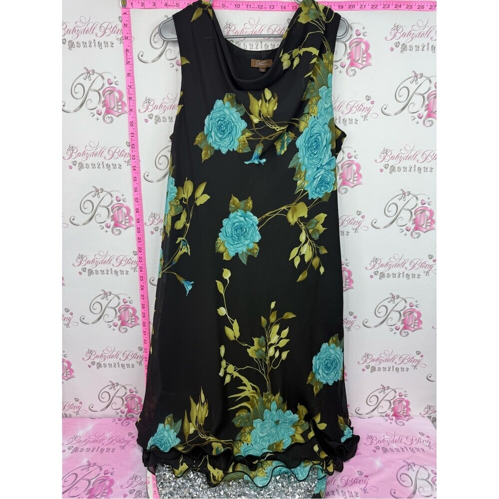 Jessica Black Midi Dress with Teal Floral Print